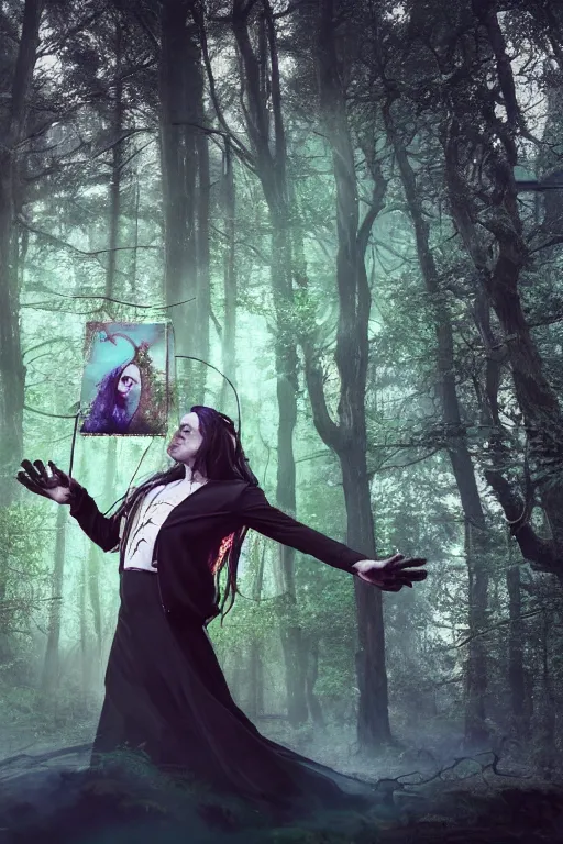 Prompt: a male witch standing in a magic circle in a dark forest using powerful magic, ultra detail, professionally retouched, soft lighting, wide angle, 8 k high definition, intricate, elegant, art by bella kotak + margarita kareva, vaporwave, vaporwave colors, digital painting,