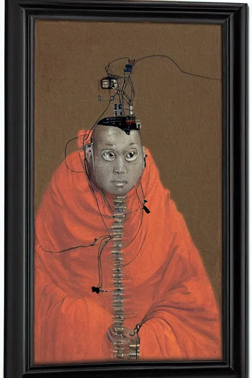 Image similar to portrait of a techno monk in orange robes with wires and circuit boards coming out of his face by francisco goya