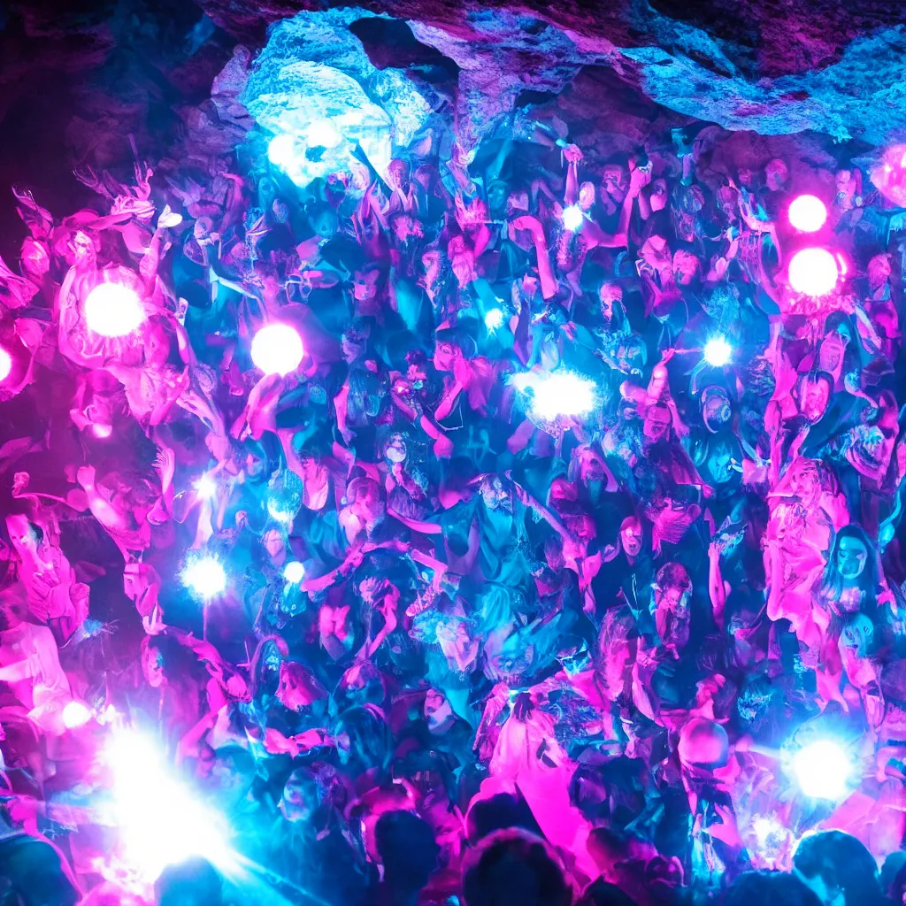 Prompt: cinematic shot of a goth disco in a cave, brutal weapons made of pink lasers and blue crystals forming a sphere, 8k photograph