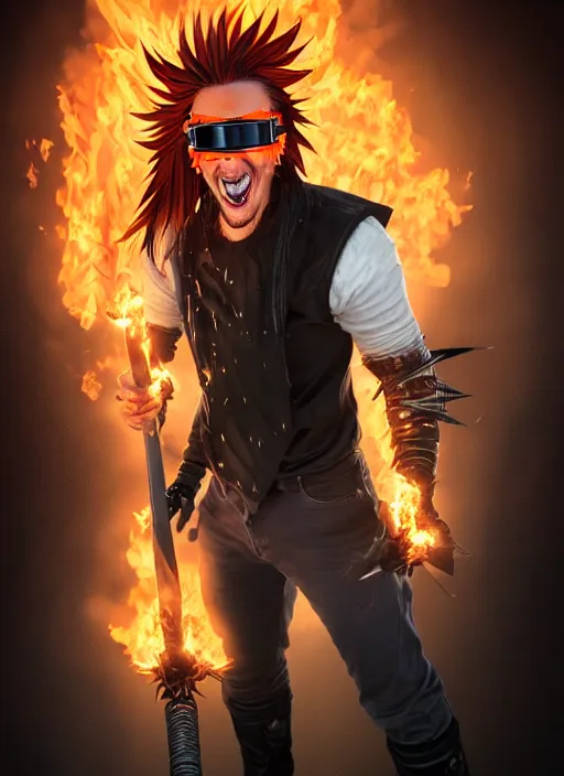 Image similar to An epic fantasy comic book style portrait painting of young man with red spiked long hair, using an orange lens googles. Wearing white shirt, a black waistcoat, brown pants and black boots. He is throwing a wild fire blast from his hands, with a vicious smile in face. Unreal 5, DAZ, hyperrealistic, octane render, cosplay, RPG portrait, dynamic lighting