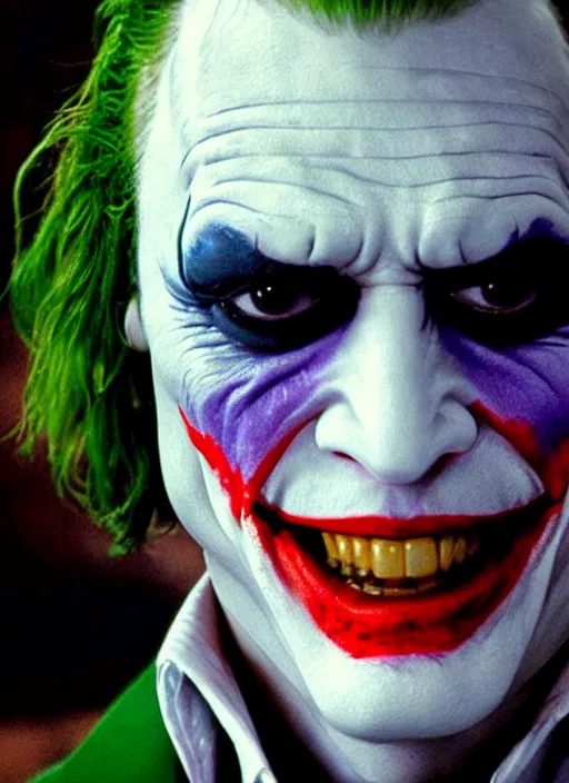 Image similar to film still of Johnny Depp as The Joker in The Dark Knight, 4k