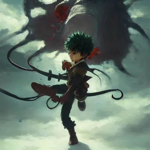 Prompt: Deku wielding blackwhip, oil painting, Tooth Wu, Greg Rutkowski, RPG portrait, dynamic lighting, anime art