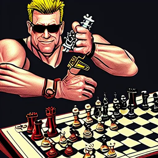 Prompt: Duke Nukem playing chess, Duke Nukem art style