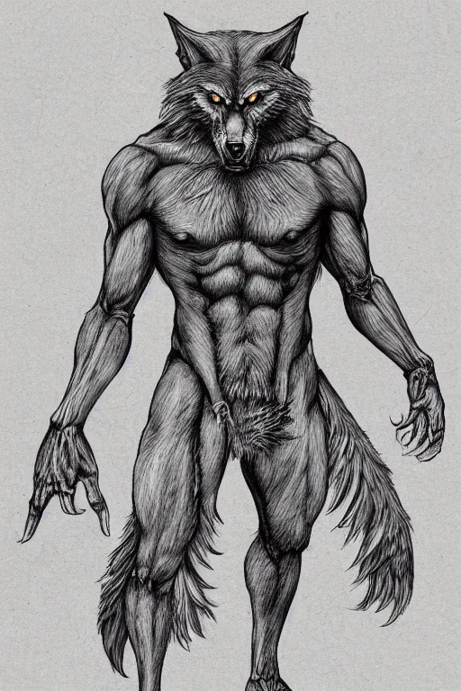 Image similar to anatomical illustration of a werewolf, photorealistic, diagram