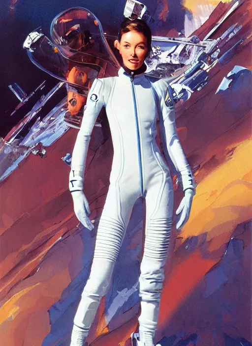 Prompt: a copic maker illustration of a high speed ice skater girl wearing an eva pilot suit designed by balenciaga by john berkey, norman rockwell