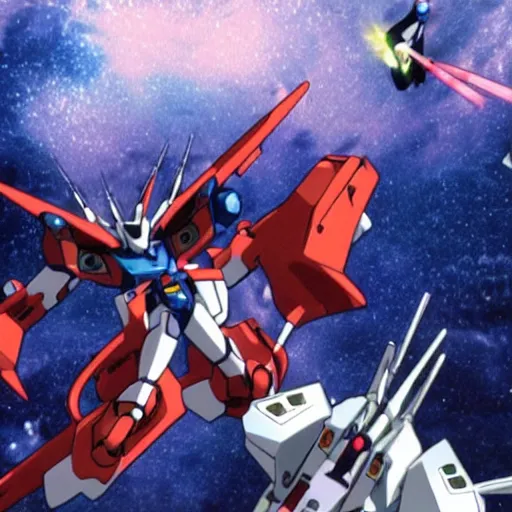 Image similar to cinematic scene of evangelion gundams fighting in space