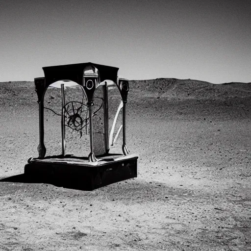 Prompt: a broken time machine stranded in a desert