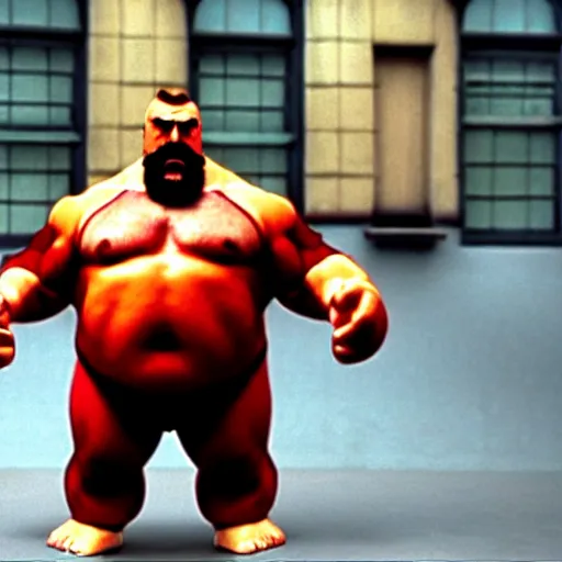 Image similar to mr. bean as zangief from the streetfighter movie. movie still. cinematic lighting.