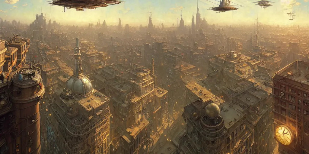 Image similar to steampunk airship above a busy city, exquisite details, denoised, mid view, by norman rockwell, karl kopinski, artsation, greg rutkowski, makoto shinkai, takashi takeuchi, studio ghibli