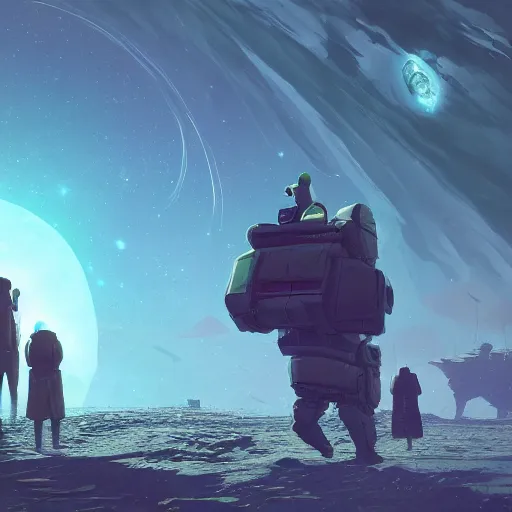 Image similar to interloper gifting units ( or cash ) to newcomer on a palmbeach planet in no man's sky digital art in the style of greg rutkowski and craig mullins, 4 k