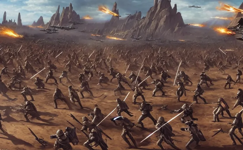 Prompt: liberty leading the people, battle of geonosis, french revolution, jedi, tie fighters, x - wings