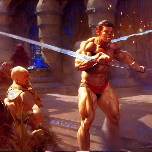 Image similar to stunning master wizard beaten by bodybuilder with bare hands, highly detailed painting by gaston bussiere, craig mullins, j. c. leyendecker, 8 k