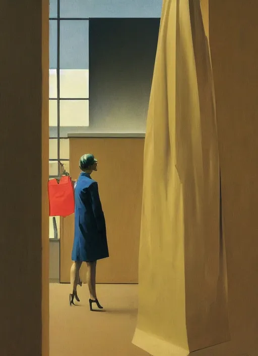 Image similar to woman wearing paper bags for clothes standing inside paper bags at store display Edward Hopper and James Gilleard, Zdzislaw Beksinski, highly detailed