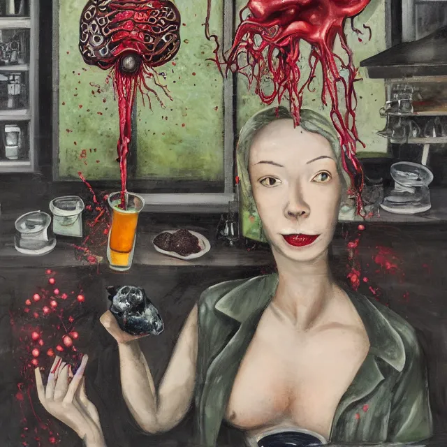 Prompt: dark kitchen of an art student, sensual portrait of a female emo pathologist holding a brain, japanese pottery, scales, tropical houseplants, test tubes, honey dripping from ceiling, berries dripping juice, pancakes, pomegranate, berries, alpaca sculpture, octopus, scientific glassware, neo - expressionism, surrealism, acrylic and spray paint and oilstick on canvas