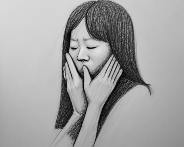 Prompt: a drawing of a woman covering her face with her hands, a sketch by kim eung - hwan, trending on pixiv, context art, pencil sketch, high detail, kinetic