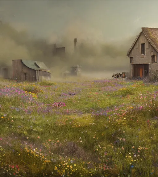 Image similar to a matte painting of a biroremediation architecture, prairie, cottage town, foggy, patchy flowers, oil painting, pale colors, high detail, 8 k, wide angle, trending on artstation,