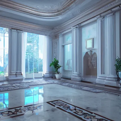 Image similar to interior of a vaporwave mansion high detail 3D rendered render in unreal engine 8K god rays volumetric lighting trending on art station