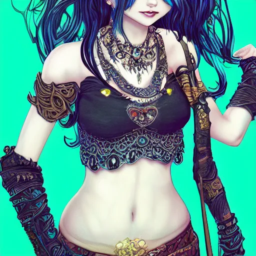 Image similar to the portrait of a dark and beautiful sorceress, fantasy type modern crop top, gorgeous, young girl, ultra fine hyperdetailed illustration by kim jung ji, intricate linework, bright colours, octopath traveler, final fantasy, unreal engine 5 highly rendered, detailed, 8 k