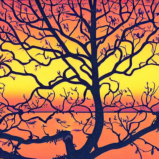 Image similar to birds on cherry tree, Changelingcore, serene, graceful, sunset photo at golden hour, Kodachrome, digital painting by M. C. Escher