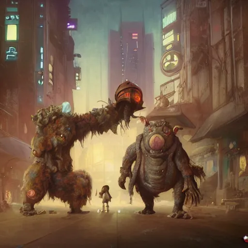 Image similar to crazy monsters, furry creatures, monster emotional monsters and creatures in the cyberpunk wrecked city, wrestling each other in the style of Johfra and Shaun Tan, By Ruan Jia and Artgerm and Range Murata and WLOP and Ross Tran and William-Adolphe Bouguereau and Beeple, Fantasy Illustration. octane render, award winning, Artstation, intricate details, realistic, Hyperdetailed, 8k resolution, deep rich colors.