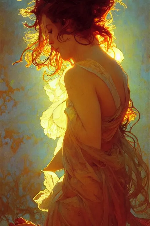 Image similar to glossy liquid honey drops flowing like translucent amber, backlit, sunset, refracted lighting, art by collier, albert aublet, krenz cushart, artem demura, alphonse mucha