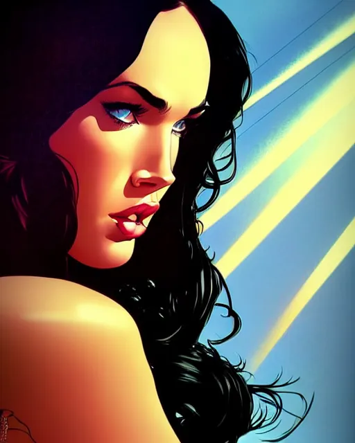 Image similar to low angle closeup beautiful very seductive megan fox retro scifi goddess pinup, action glamour pose, windblown dark hair, hyper detailed, digital art, studio lighting, smooth, ambient lighting, sharp focus, frank miller, wlop, anna dittmann, moebius!, alphonse mucha, patrick nagle!!, rim lighting, synthwave