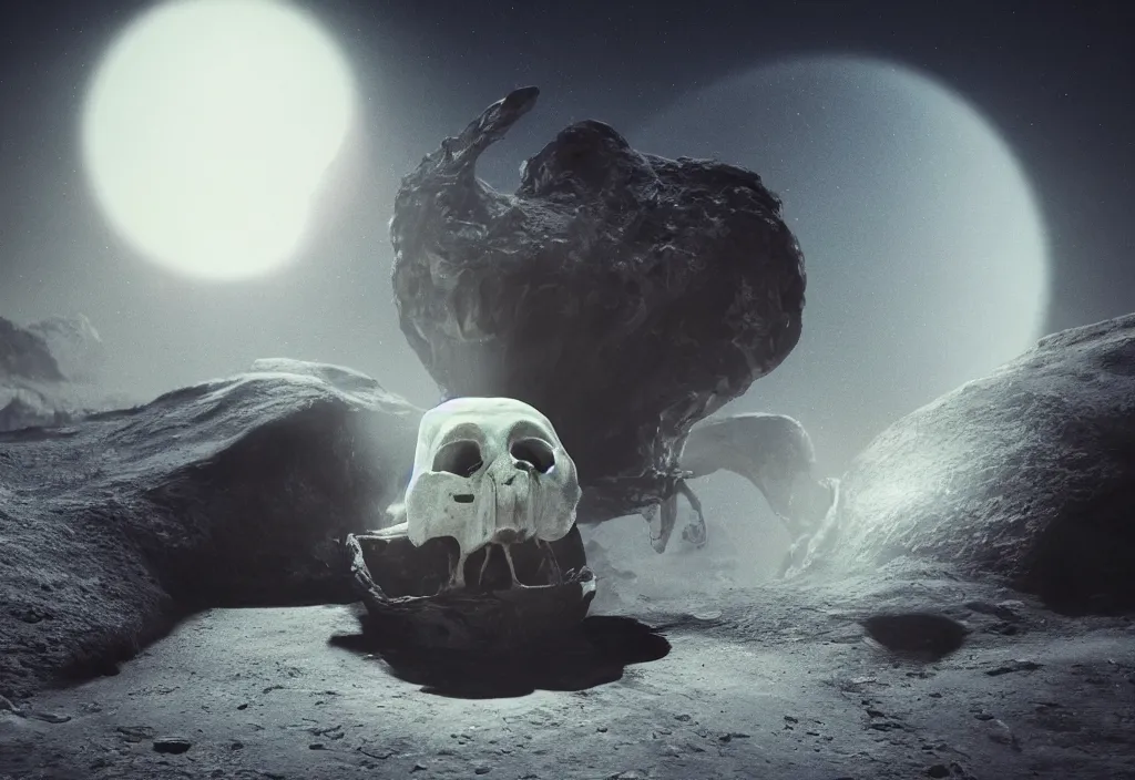 Image similar to strange alien skull in a dessert in the moon, cinematic lighting, octane tender, volumetric light, dark - art