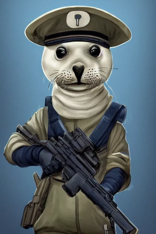 Image similar to A cute seal shown in navy uniform, digital art, extremely detailed, portrait, trending on artstation