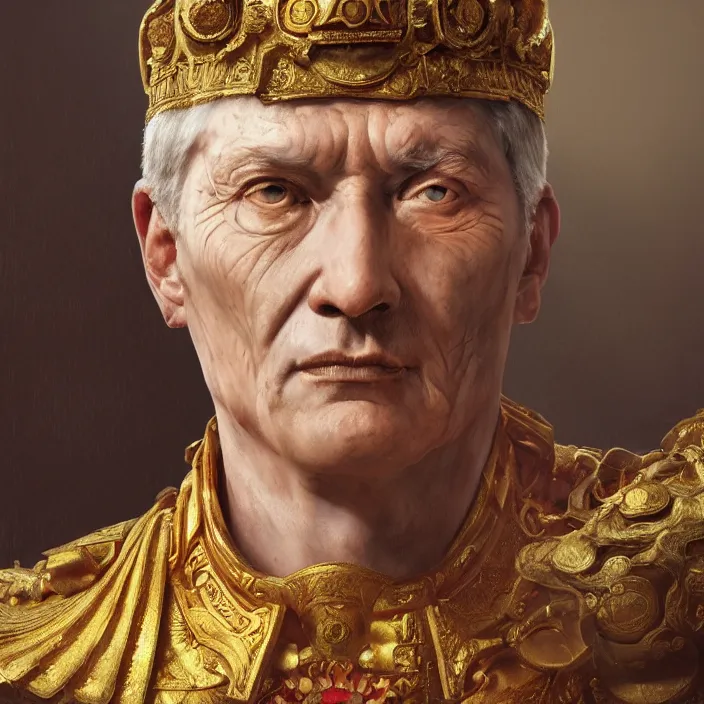 Prompt: excellent painted portrait of the last emperor of rome the ancient caesar invictus, masterpiece painting with detailed face, 4k, trending on artstation, octane render, art by artgerm and greg rutkowski and alphonse mucha and craig mullins and James Jean and Andrei Riabovitchev and Marc Simonetti and peter mohrbacher