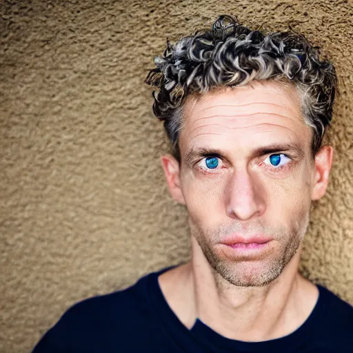 Prompt: full face color photograph of a 40 year old very handsome skinny white man with short, curly, light blond hair and very small slanted blue eyes, dressed in a white t shirt, gray shorts and black socks, with a small mole to the right of his very thin lips, with a straight nose and blond stubble on his round face, and an earring in the left ear. His small eyes, blond hair and manly features make him look like a lion.