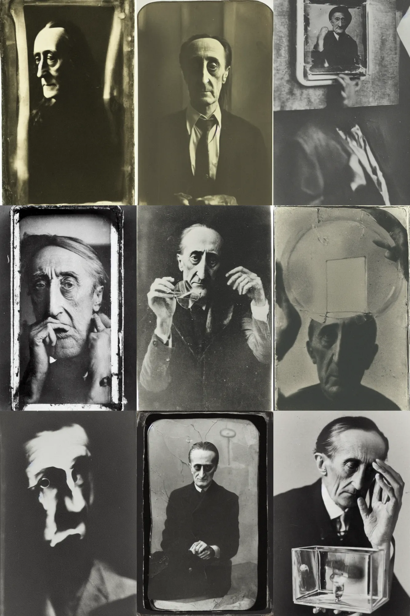 Prompt: an old tintype Marcel Duchamp breaking the glass of The Large Glass