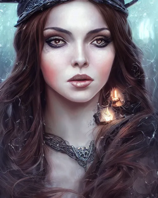 Image similar to a beautiful female modern witch, 8 k, hyperrealistic, dark hair very long, no hat, hyperdetailed, fantasy portrait by laura sava