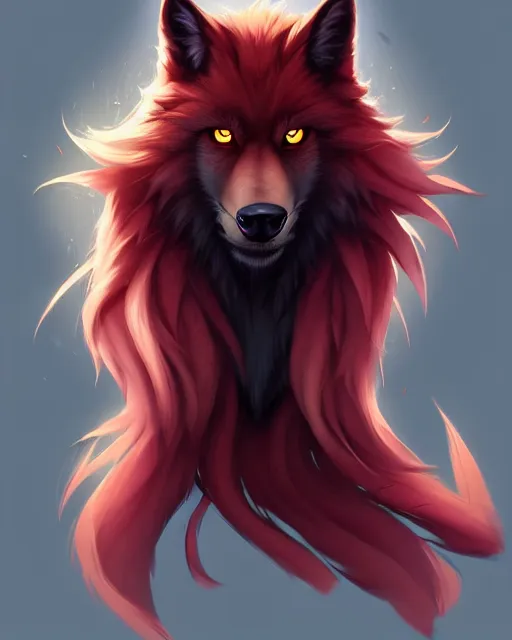 Image similar to character concept art of a black anthropomorphic furry male wolf with long red hair | | cute - fine - face, pretty face, key visual, realistic shaded perfect face, fine details by stanley artgerm lau, wlop, rossdraws, james jean, andrei riabovitchev, marc simonetti, and sakimichan, artstation