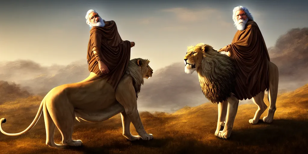 Image similar to hooded wise old man ( long white beard wearing a brown tunic ), riding majestically, on a beautiful lion's back, epic digital art, cinematic, trending on artstation, superb detail 8 k, wide - angle, masterpiece