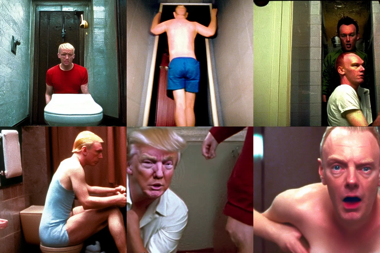 Prompt: donald trump climbing out a toilet in the movie trainspotting 1 9 9 6