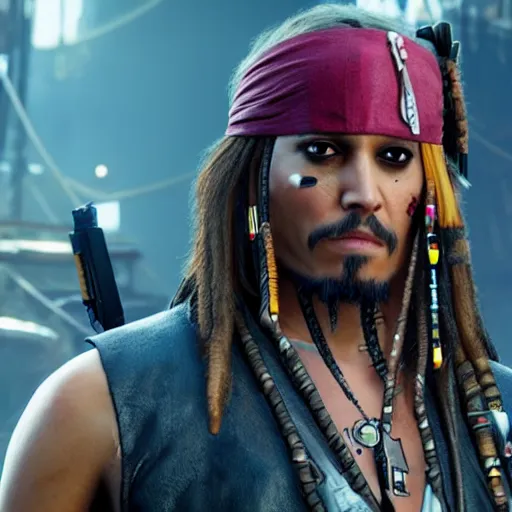 Prompt: jack sparrow in the game of cyberpunk 2 0 7 7