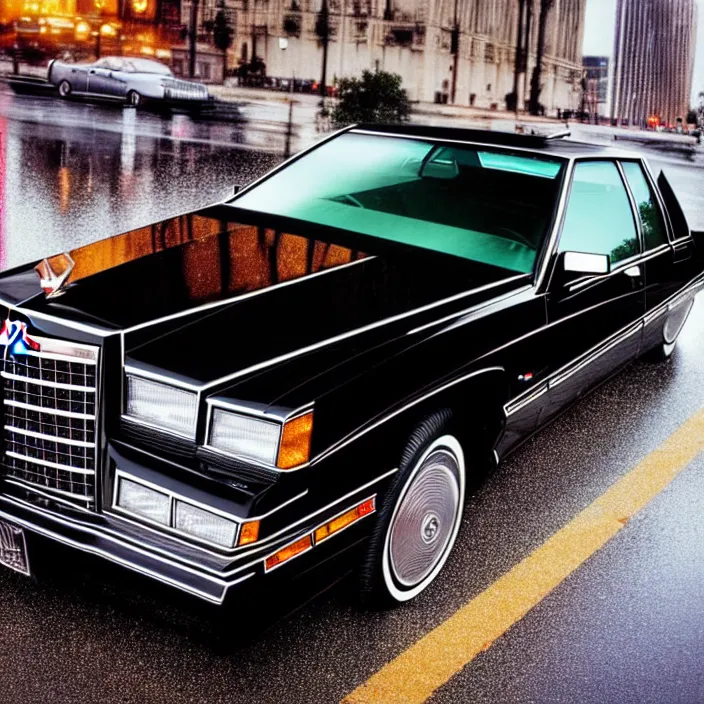 Prompt: hyper realistic, high detail photo of black 1 9 9 2 cadillac de ville, city streets wet, beautiful, dreary lighting