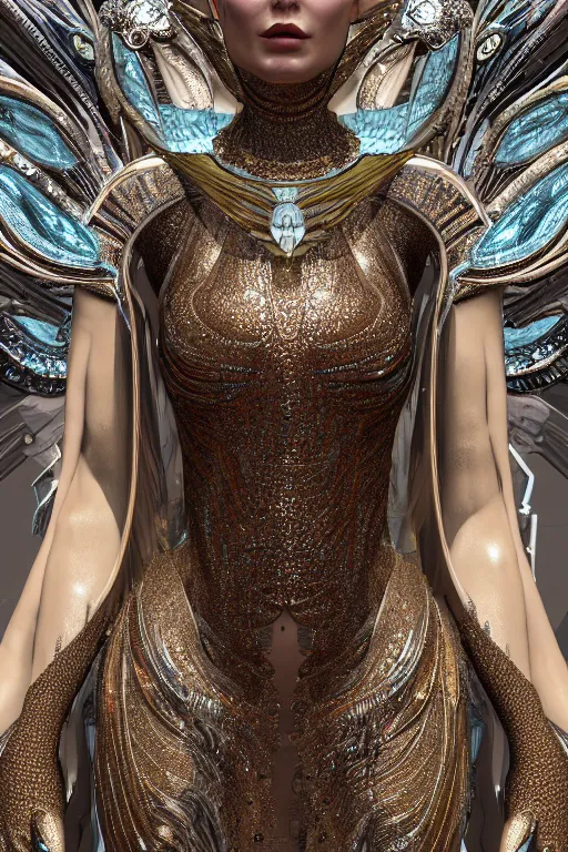 Image similar to a highly detailed metahuman 4 k close up render of an alien goddess bella hadid as athena in iris van herpen dress schiaparelli in diamonds crystals swarovski and jewelry in style of alphonse mucha gustav klimt trending on artstation made in unreal engine 4