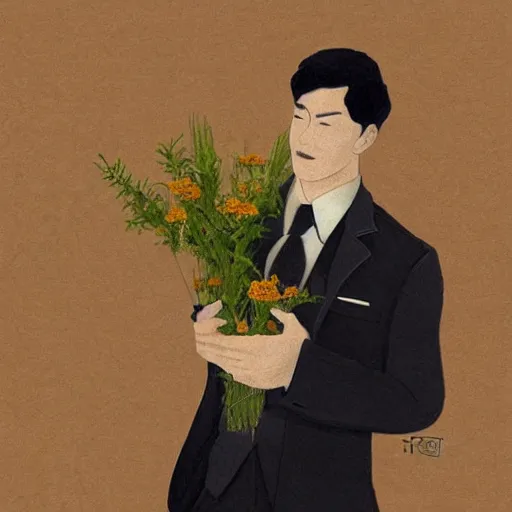 Image similar to guy holding flowers, looking nostalgic, in love, in a dapper suit, artwork by Cheng, Hsiao-Ron