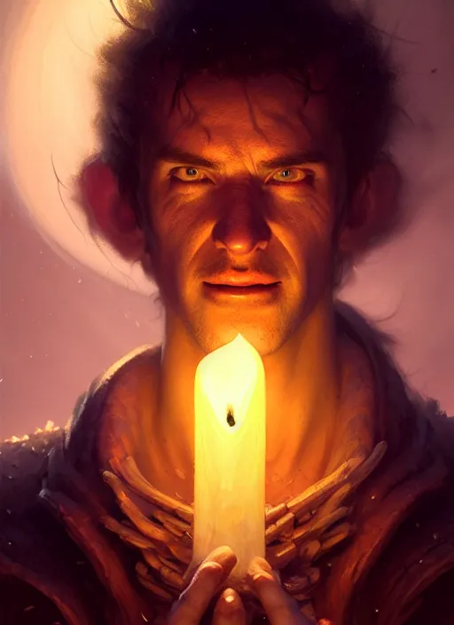 Image similar to closeup realistic portrait of a male necromancer, backlit, candlelit, oil painting, concept art, filip hodas, john howe, mike winkelmann, jessica rossier, andreas rocha, bruce pennington, albert bierstadt, peter mohrbacher, donato giancola, joseph christian leyendecker, wlop, boris vallejo