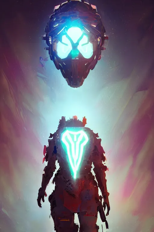 Image similar to combination suit armor aloy horizon forbidden west horizon zero dawn radiating a glowing aura global illumination ray tracing hdr fanart arstation by ian pesty and alena aenami artworks in 4 k tribal robot ninja mask helmet backpack