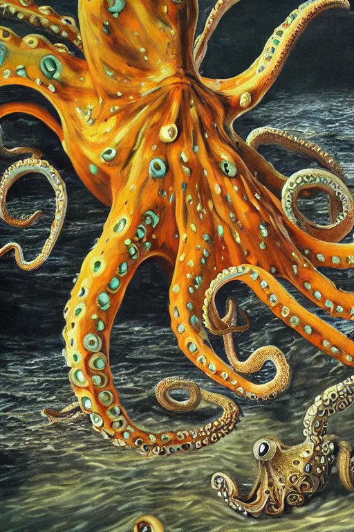 Prompt: Intricate stunning highly detailed octopus, oil painting by Salvador Dali, surreal, ultra realistic, artstation