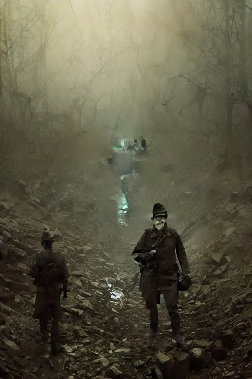 Image similar to , h p lovecraft at the trenches of somme hyperrealistic portrait, rainy weather, bladerunner street, art of elysium by jeremy mann and alphonse mucha and greg rutkowski, fantasy art, photo realistic, dynamic lighting, artstation, poster, volumetric lighting, very detailed face, 4 k, award winning