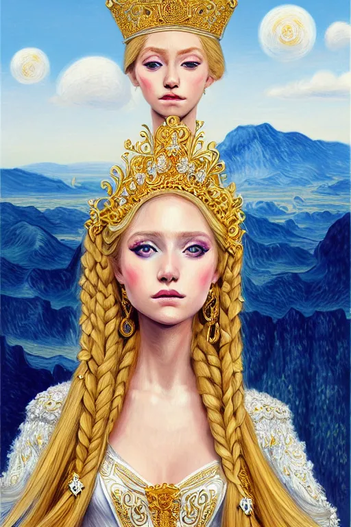 Image similar to portrait of a humanoid princess with long blonde hair, standing next to a beautiful view, ornate white officers outfit with gold embellishments, intricate, elegant, highly detailed, digital painting, artstation, concept art, smooth, sharp focus, illustration, art by van gough, 8 k