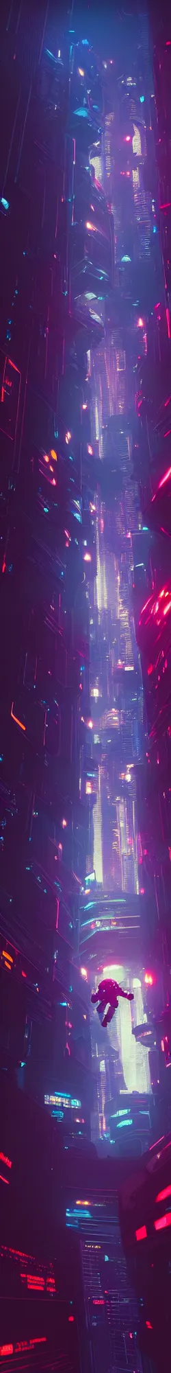 Image similar to A picture of an astronaut close to the camera in a upside down cyberpunk flying city by moebius, Neil Blevins and Jordan Grimmer, neon lights, surreal, volumetric:-3 lighting