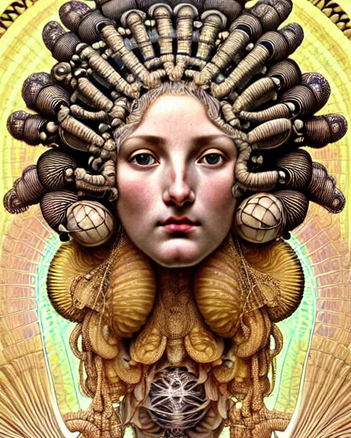 Image similar to hyperrealistic detailed face portrait of the beautiful goddess of the giant isopods with an intricate golden ornamental geometrical fractal giant isopod masked headdress, art by ernst haeckel, john william godward, android jones, alphonso mucha, h. r. giger, gothic - cyberpunk, ornamental, dimmed pastel colours,