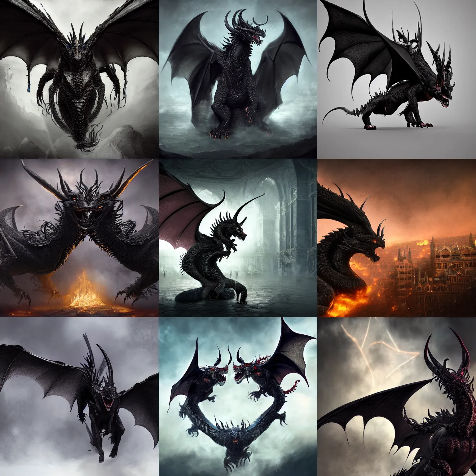 Prompt: hyperrealistic mixed media high resolution image of a beautiful, happy black dragon, two sets of horns, stunning 3d render inspired art by István Sándorfi and Greg Rutkowski and Unreal Engine, perfect symmetry, dim volumetric lighting, 8k octane beautifully detailed render, post-processing, extremely hyper-detailed, intricate, epic composition, highly detailed attributes, highly detailed atmosphere, full body shot, cinematic lighting, masterpiece, trending on artstation, very very detailed, masterpiece, stunning, flawless structure, lifelike texture, perfection,