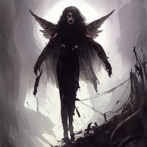 Image similar to in a world of horror, films of all time and a stunning white goth angel is the experience of all members of your family who, and reward players for their success, concept art, artwork by greg rutkowski, trending