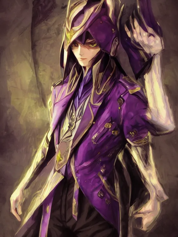 Image similar to manly eccentric lelouch lamperouge, purple eyes, hyper detailed, digital art, trending in artstation, cinematic lighting, studio quality, smooth render, unreal engine 5 rendered, octane rendered, concept art, smooth, sharp focus, illustration, art by artgerm and greg rutkowski and alphonse mucha and ian sprigger and wlop