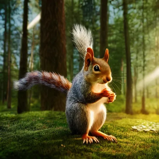 Prompt: cute squirrel standing in hind legs in a forest, light shining through trees, sunny, vibrant colours, hyper detailed, fairy tale, 4 k octane render